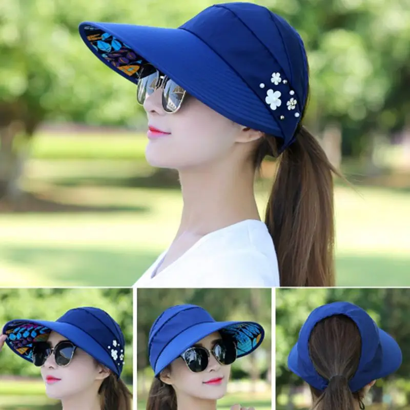 Big Wide Brim Top Empty Women Summer Hats Flower Pearls Anti-UV Floppy F... - £10.63 GBP+