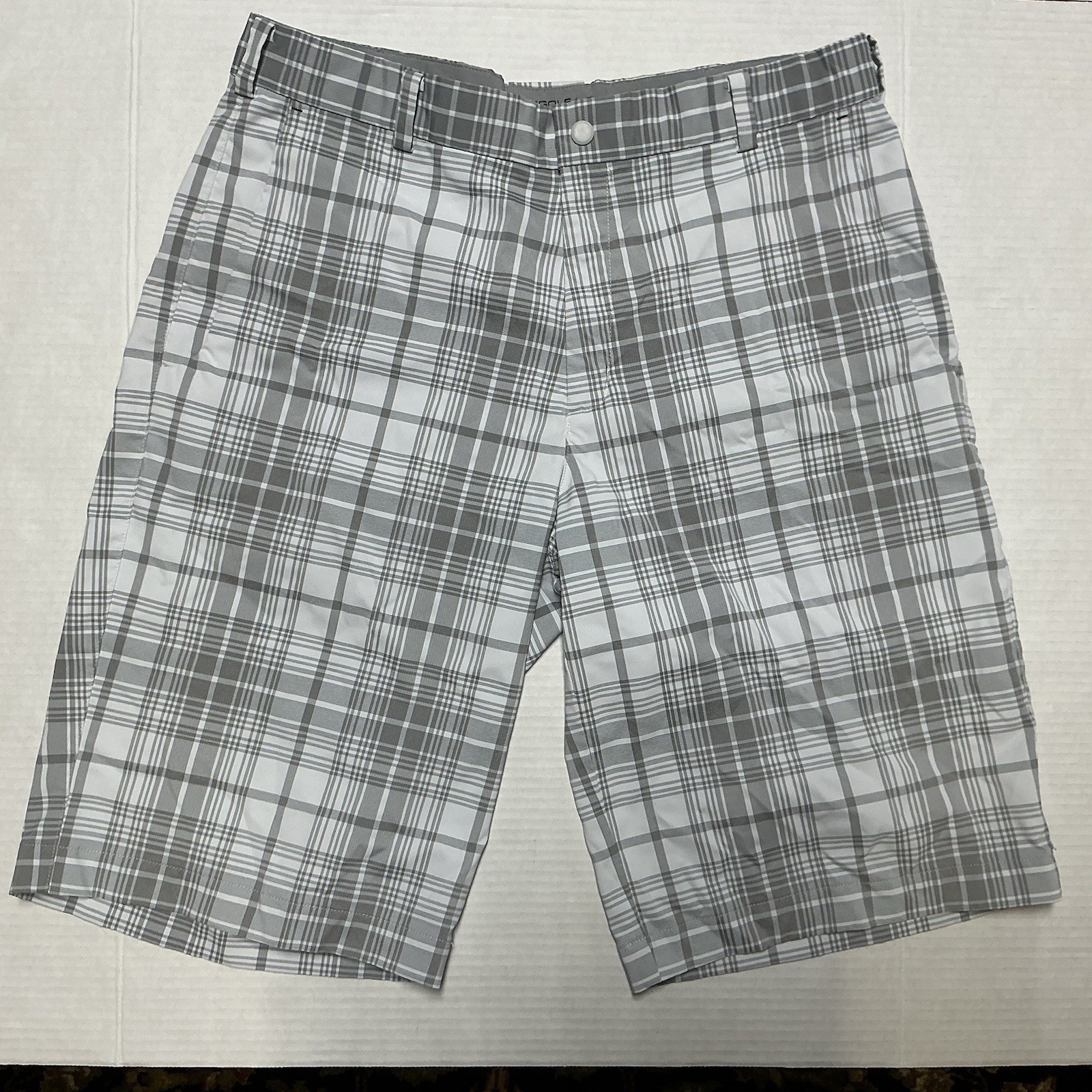 Nike Golf Shorts Mens 32 Gray White Plaid 12&quot; Inseam Tour Performance Dr... - $18.61