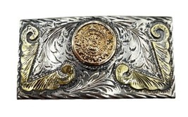 18k Gold 925 Sterling Silver Belt Buckle Plata De Jalisco Mexico Aztec Calendar - £315.02 GBP