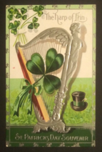 St Patricks Day Harp of Erin Shamrock Top Hat Silver Embossed Postcard c1910s - £8.05 GBP