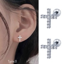 Womens Silver Cross Stud Earrings CZ Crystal 316L Surgical Steel Trendy Jewelry - £9.58 GBP