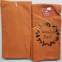 Set Of 2 Same Cotton Kitchen Towels(16x26&quot;)ORANGE Hello Fall In Foil Wreath,Ritz - £12.65 GBP