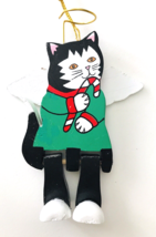 Kitty Cat Angel Christmas Ornament Black &amp; White with Green Dress &amp; Candy Cane - £11.56 GBP
