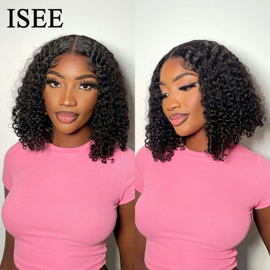 ISEE HAIR Mongolian Kinky Curly Bob Wig Lace Front Human Hair Wigs 13X4 Short - £92.49 GBP+