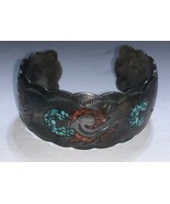 Native American Turquoise &amp; Coral Inlaid Scalloped Bracelet Sterling Sil... - $206.00 CAD