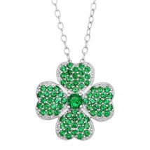 Round Cut Green Emerald Shamrock Pendant Necklace 18&quot; in 14CT White Gold Silver - £74.91 GBP