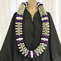 Graduation Money Lei 35 Crisp New Bills Folded Purple &amp; White  W/ White ... - $99.00