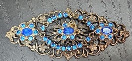 Art Deco Czech Glass Brooch Pin Cobalt Blue Glass Open Work Silver Tone ... - $40.74