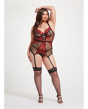 Floral Embroidered Lace Chemise w/Adjustable Garters &amp; Thong Black/Red 3X/4X - £34.93 GBP