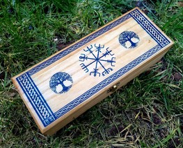 Handmade wooden jewellery / tea organizer box Viking Vegvisir Runes Paga... - £34.22 GBP