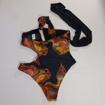 IconSwim Women's Yellowish Brown Slide Thru Swimsuit Black Marble Print Size 2XL image 7