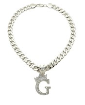 King &amp; Queen Initial Letter G Crystals Pendant Silver-tone Cuban Chain Necklace - £19.51 GBP