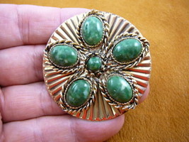 (BR-75) Green white flower jasper gem circle brass pin pendant - £24.25 GBP