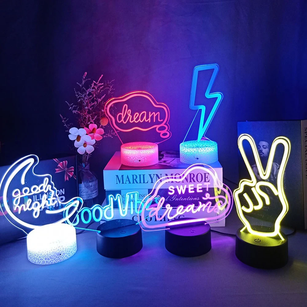 3D LED Night Light Room Decor Good Vibes Dream Open Hello Flash Neon Sig... - $13.30+