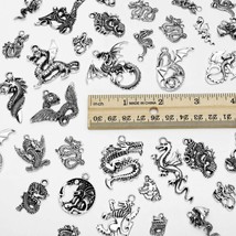 70 Dragon Pendants Antique Silver Tone Dragon Charm Medieval Fairy Tale Mix Lot - £22.86 GBP
