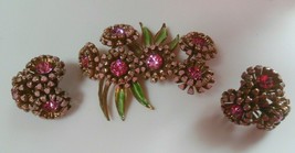 Vintage WEISS Pink Rhinestone &amp; Green Enamel Floral Brooch &amp; Clip Earrings - £194.64 GBP