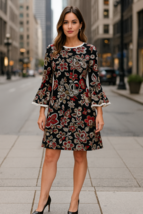 MSK Floral Bell Sleeve Dress Black Red Beige Stretch Knit Boho Retro Size M - €19,87 EUR