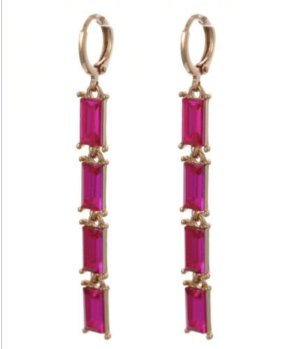 Fuschia Pink Glass Dangle Drop Huggie Earrings Gold Tone - $18.81