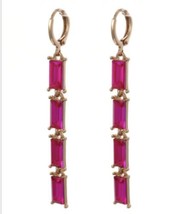 Fuschia Pink Glass Dangle Drop Huggie Earrings Gold Tone - £14.77 GBP