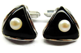 Triangle With Real Pearl Black Enamel Sterling Silver 925 Patina Cufflin... - $69.29