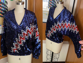 I. Magnin Harry Acton for Party Collectibles Sequin Sweater blue red whi... - £86.84 GBP