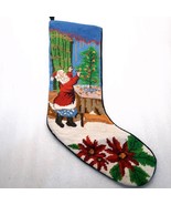 Handmade Christmas Stocking Santa tree Needlepoint embroidery poinsettia... - $12.00