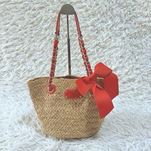 Kate Spade Red Straw Tote Bag Ribbon Chain Handle Summer Shoulder Purse ... - $85.99