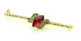 Vintage Goldtone Bar Brooch Pin Ruby Red Marquise Stone White Crystal Accents - £9.46 GBP