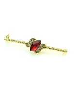 Vintage Goldtone Bar Brooch Pin Ruby Red Marquise Stone White Crystal Ac... - $11.88