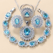 15Ct Oval Simulated Blue Topaz Women&#39;s Jewelry Set 14K White Gold Plated Silver - £359.63 GBP