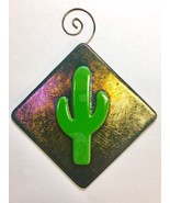 Rainbow Cactus Fused Glass Sun Catcher Iridescent Green Glass &amp; Green Ca... - £23.90 GBP