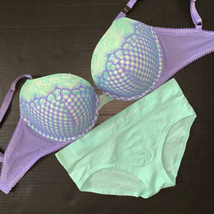 Victoria&#39;s Secret 34DDD BRA SET L hiphugger panty Mint BLUE lilac Purple Fishnet - £55.38 GBP