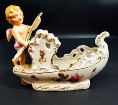 Vintage MCM Porcelain Cherub Baby In A Boat Planter Trinket Dish Japan - $29.69