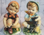 Porcelain Boy and Girl Figurine Pair Sandy Shoes Open Laces Unmarked Vin... - $18.76