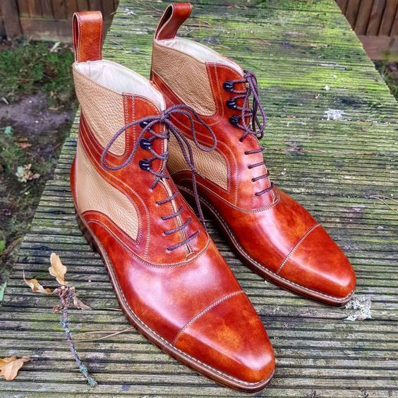 New Handmade Pure Leather High Ankle Reddish & Beige Leather Boot For Men's