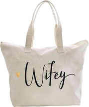 Wifey Print Canvas Tote Bag with Zip and Pocket - £36.26 GBP