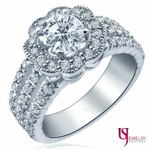 1.59 TCW Flower Halo Round Cut Diamond Engagement Ring 14k White Gold - $3,157.11
