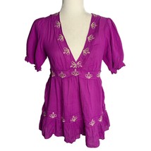 Moda International Boho Peasant Top S Purple Embroidered Zip V Neck Puff Sleeve - £18.12 GBP