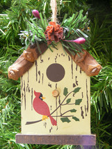 Wood Pine Branch Birdhouse w/PINE Cone &amp; Holly Berries Christmas Tree Ornament - £4.68 GBP