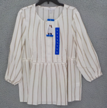 FEVER TOP SHIRT BLOUSE SZ L TAN/IVORY TRICK OPEN WEAVE STRIPES 3/4 SLEEV... - $8.99