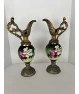 Pair Brass &amp; Purple Floral Porcelain Decorative Ewers / Pitchers Decorat... - $1,805.65 MXN
