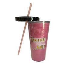 Knitters Gonna Knit Drinking Tumbler 20 fl oz with Lid + Straw Pink Gold Sequin - £6.95 GBP