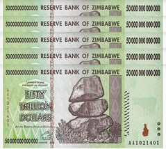 Zimbabwe 50 Trillion Dollars X 5 Pieces (PCS), AA/2008, P-90, UNC, 100 Trillion - $445.50