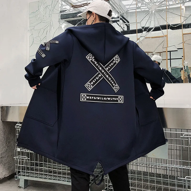   Men Hooded Jackets Print Harajuku Windbreaker Ribbon Overcoat Male Casual Outw - £220.92 GBP