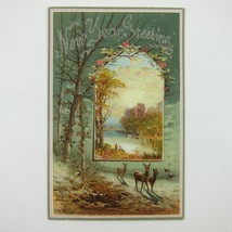Victorian Greeting Card Raphael Tuck &amp; Sons New Years Men Fishing Deer A... - £8.00 GBP