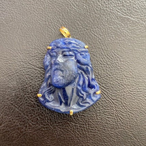 14K Real Solid Gold Carving Jesus Sodalite Christ Head Pendant Charm Large - £397.64 GBP