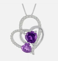 Sterling Silver Heart Amethyst &amp; Diamond Triple Interlocking Heart Pendant Chain - £93.67 GBP