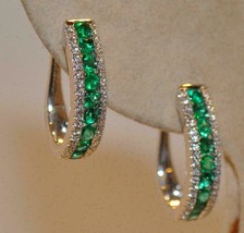 1.25Ct Simulated Emerald Diamond Hoop Earrings In 14K White Gold Plated Silver - £55.38 GBP