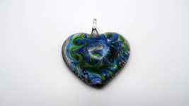 Vintage Metallic Green Blue Foil Glass Hand Made Heart Pendant 4.6cm x 4.5cm - £14.01 GBP
