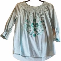 Anthropologie Grand &amp; Greene Smocked Green Stripe Embroidery Top - S - $16.83